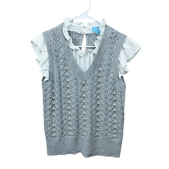 CeCe Women's V-Neck Imitation Pearl Detail Cable Vest Sweater Size Medium - Picture 5 of 11